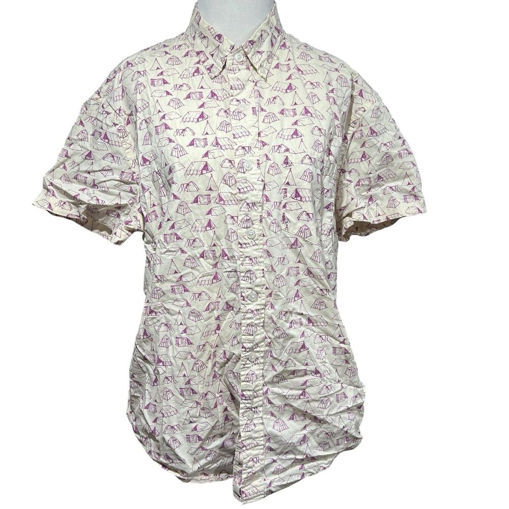 J.Crew Mercantile Flex Hawaiian Camp Shirt M Cream Pink Tents Print Novelty
